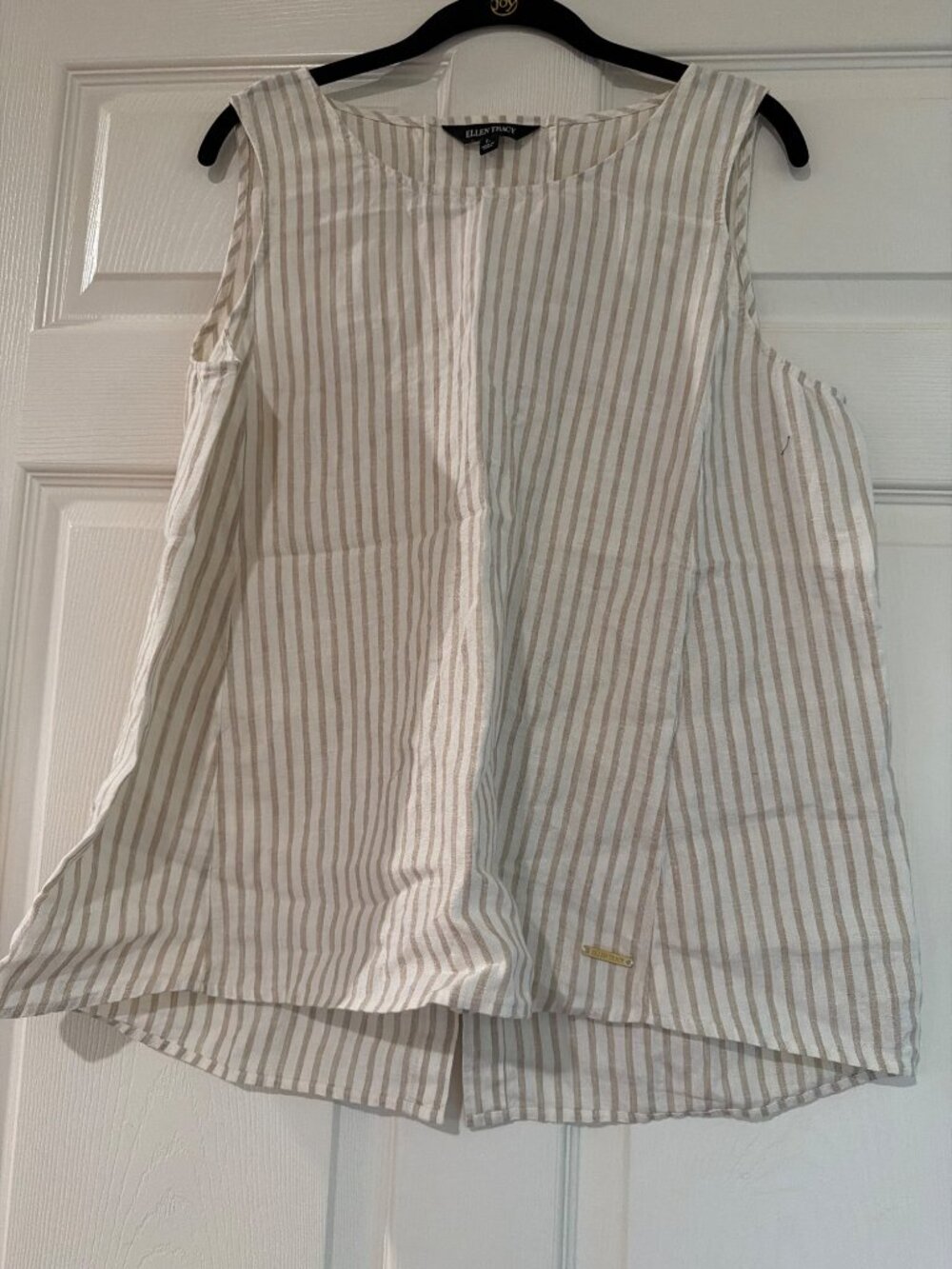 Striped Beige & White Linen Sleeveless Blouse By Ellen Tracy Size L